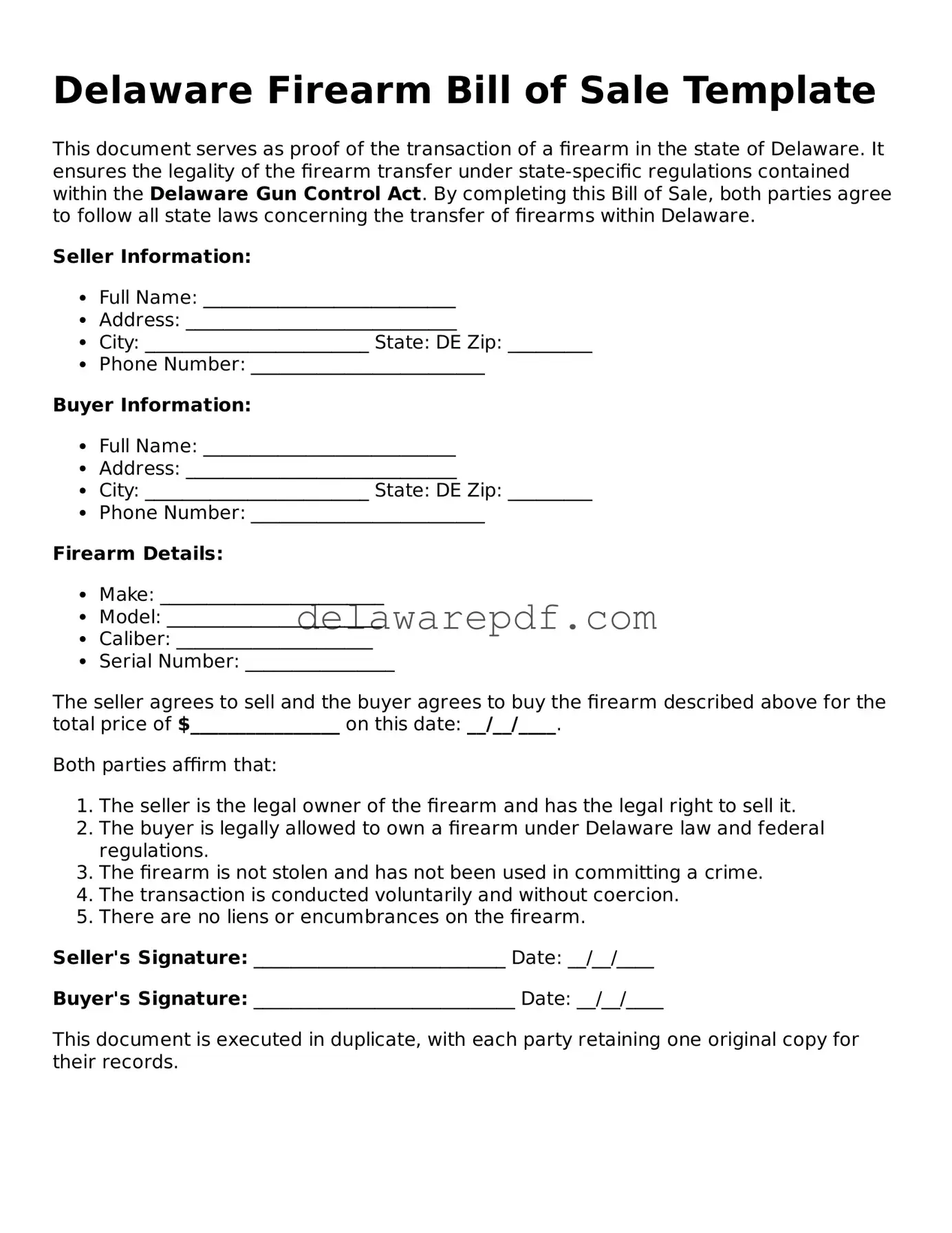 Printable Delaware Firearm Bill of Sale Document