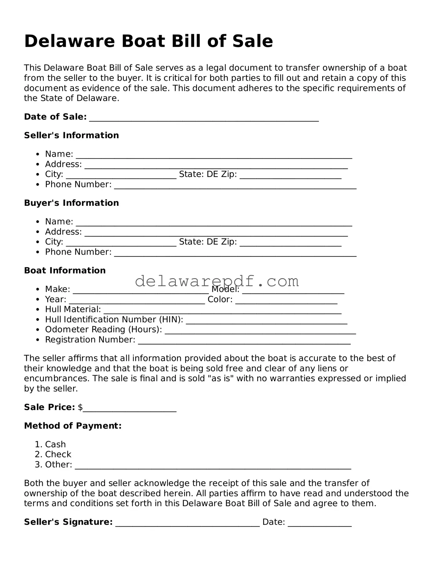 Printable Delaware Boat Bill of Sale Document