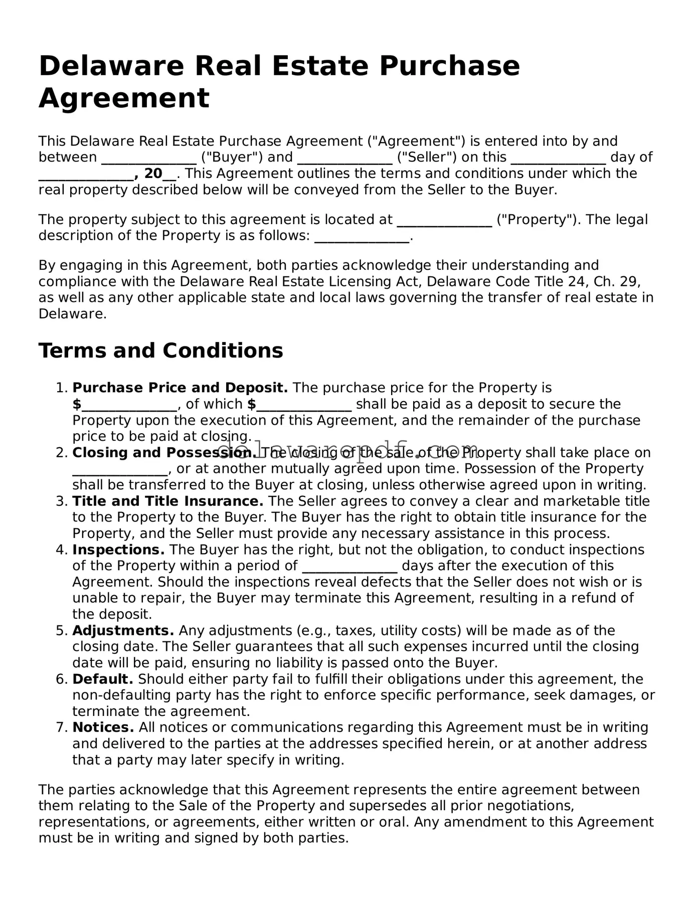 Printable Delaware Real Estate Purchase Agreement Document