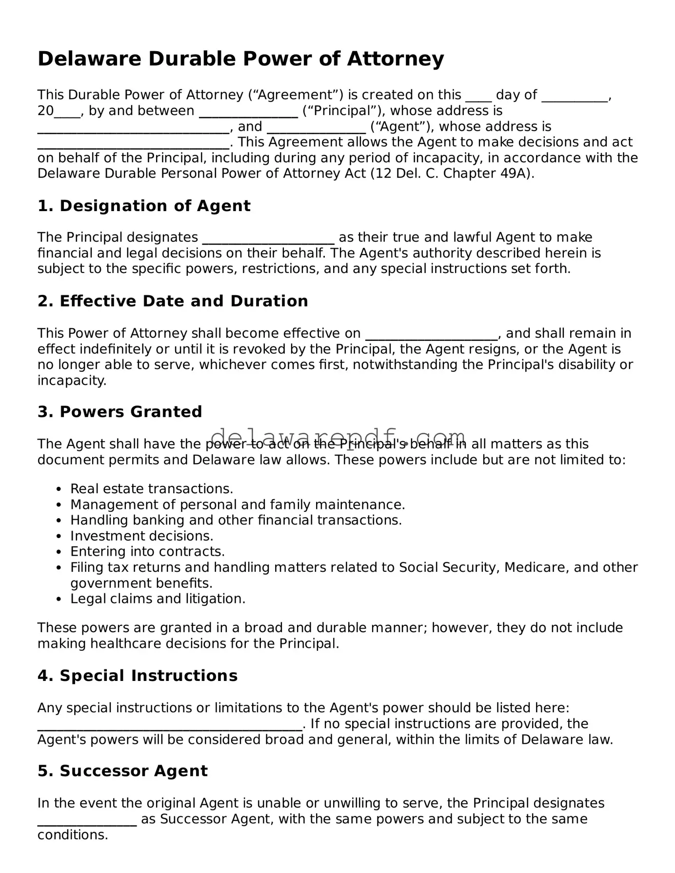 Printable Delaware Durable Power of Attorney Document