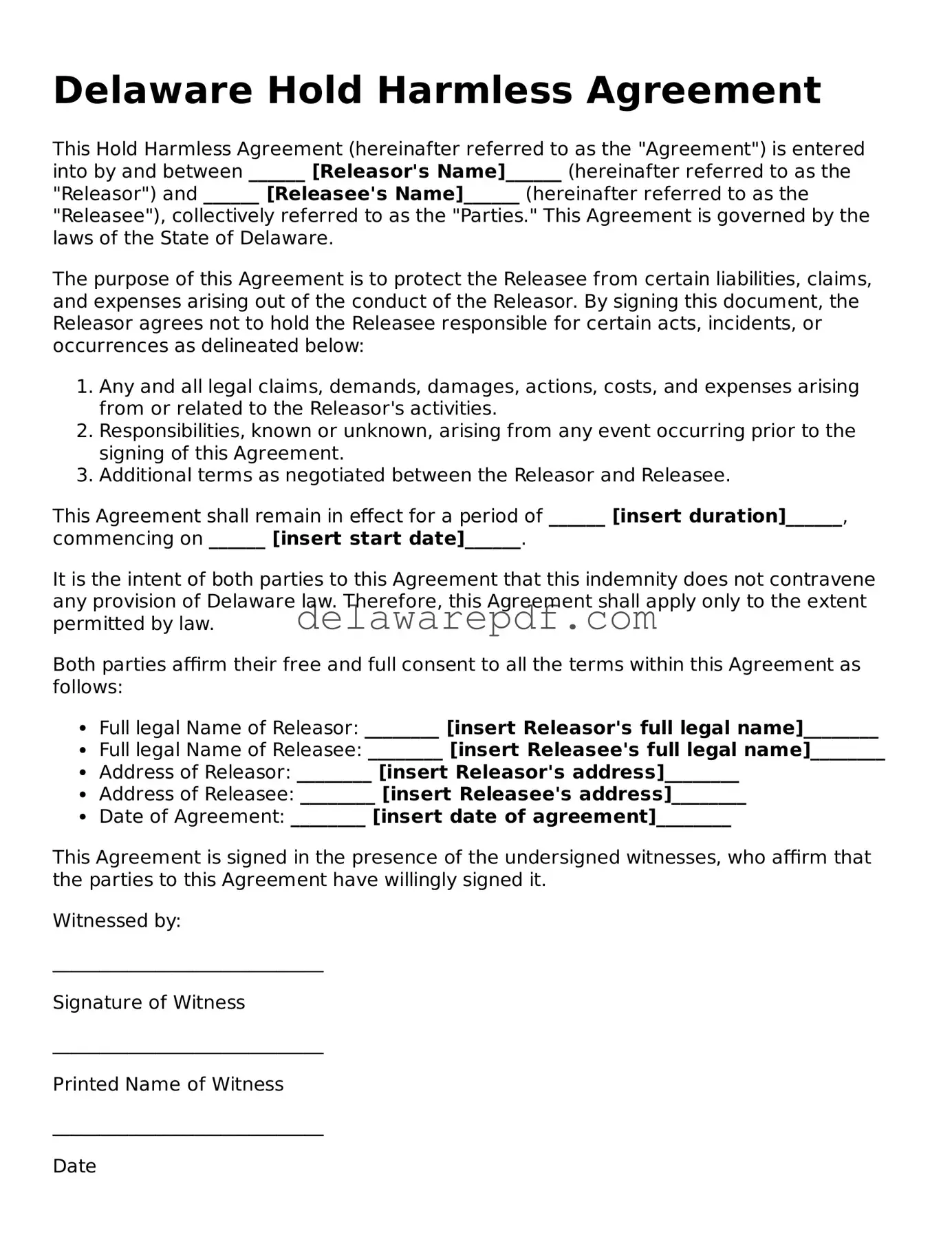 Printable Delaware Hold Harmless Agreement Document