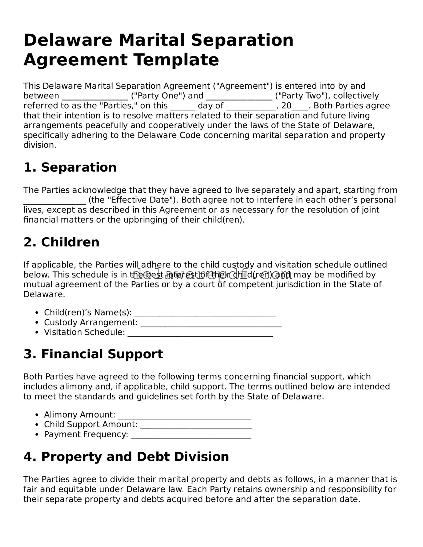 Printable Delaware Marital Separation Agreement Document