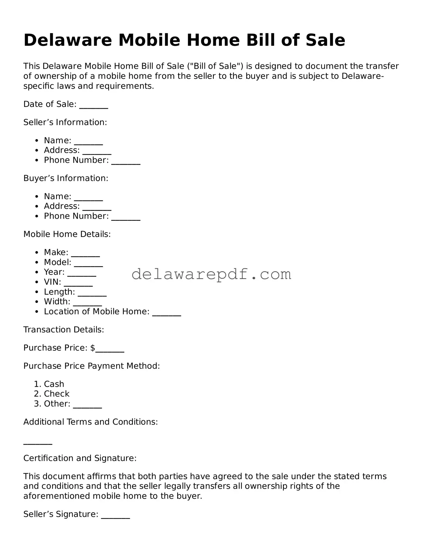 Printable Delaware Mobile Home Bill of Sale Document