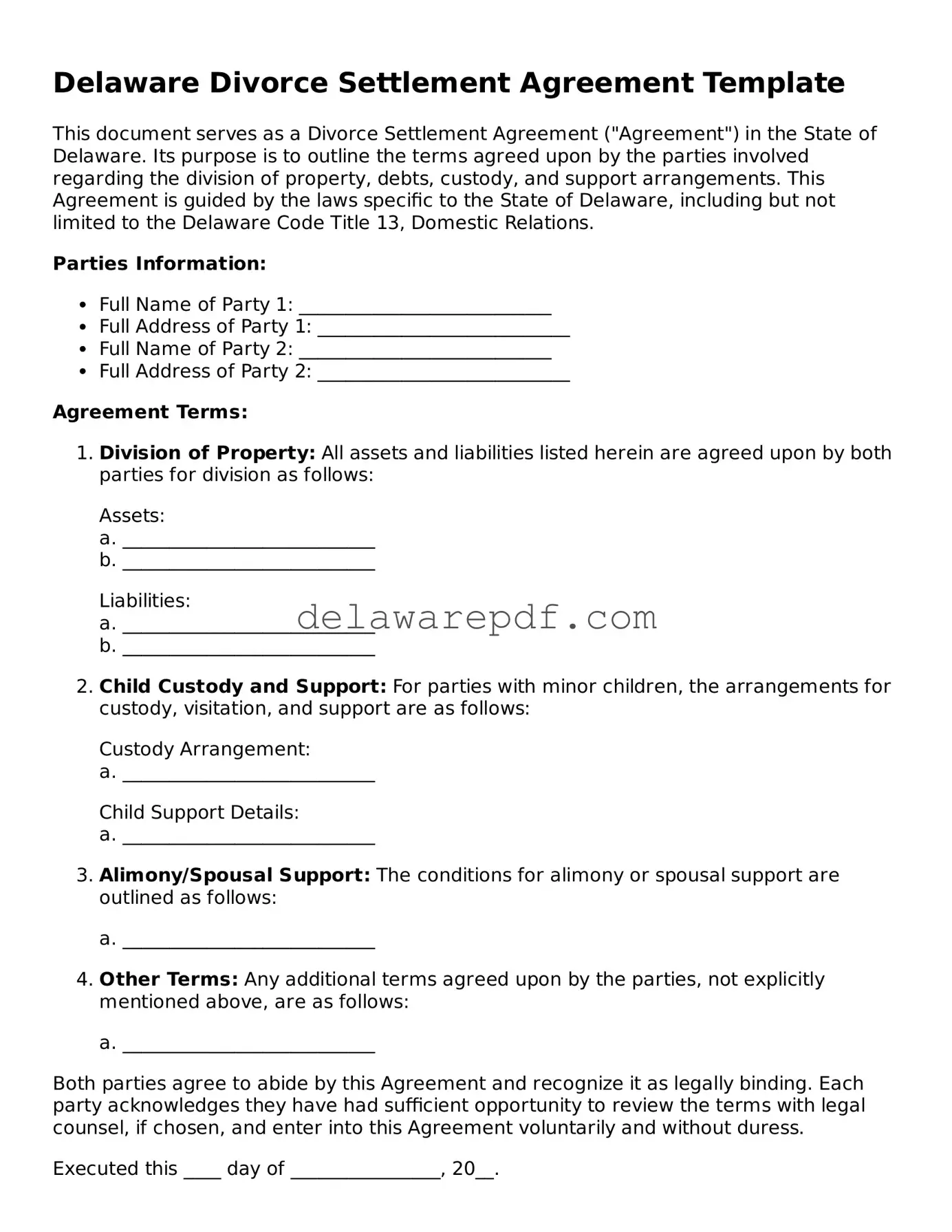 Printable Delaware Divorce Settlement Agreement Document