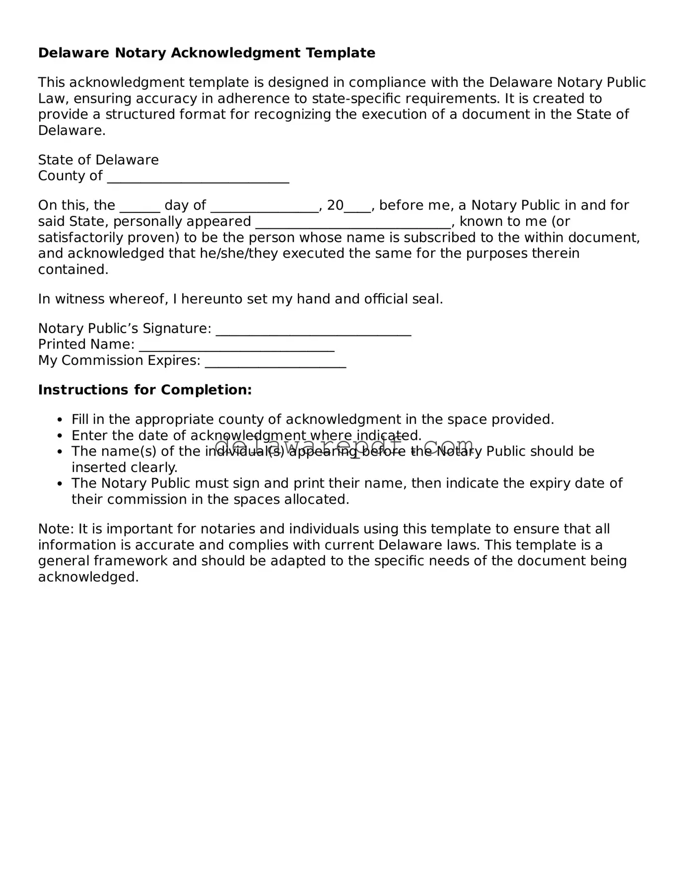 Printable Delaware Notary Acknowledgement Document