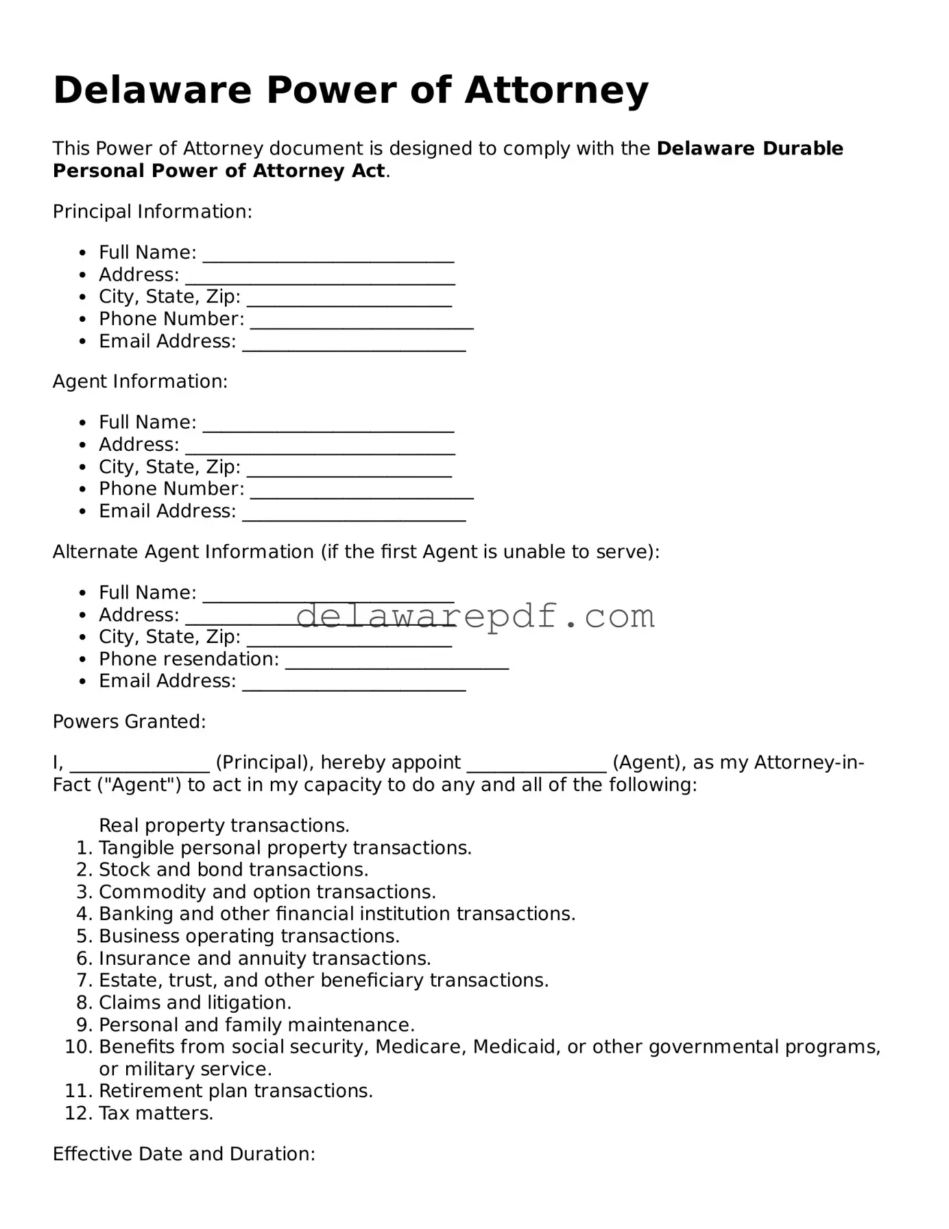Printable Delaware Power of Attorney Document