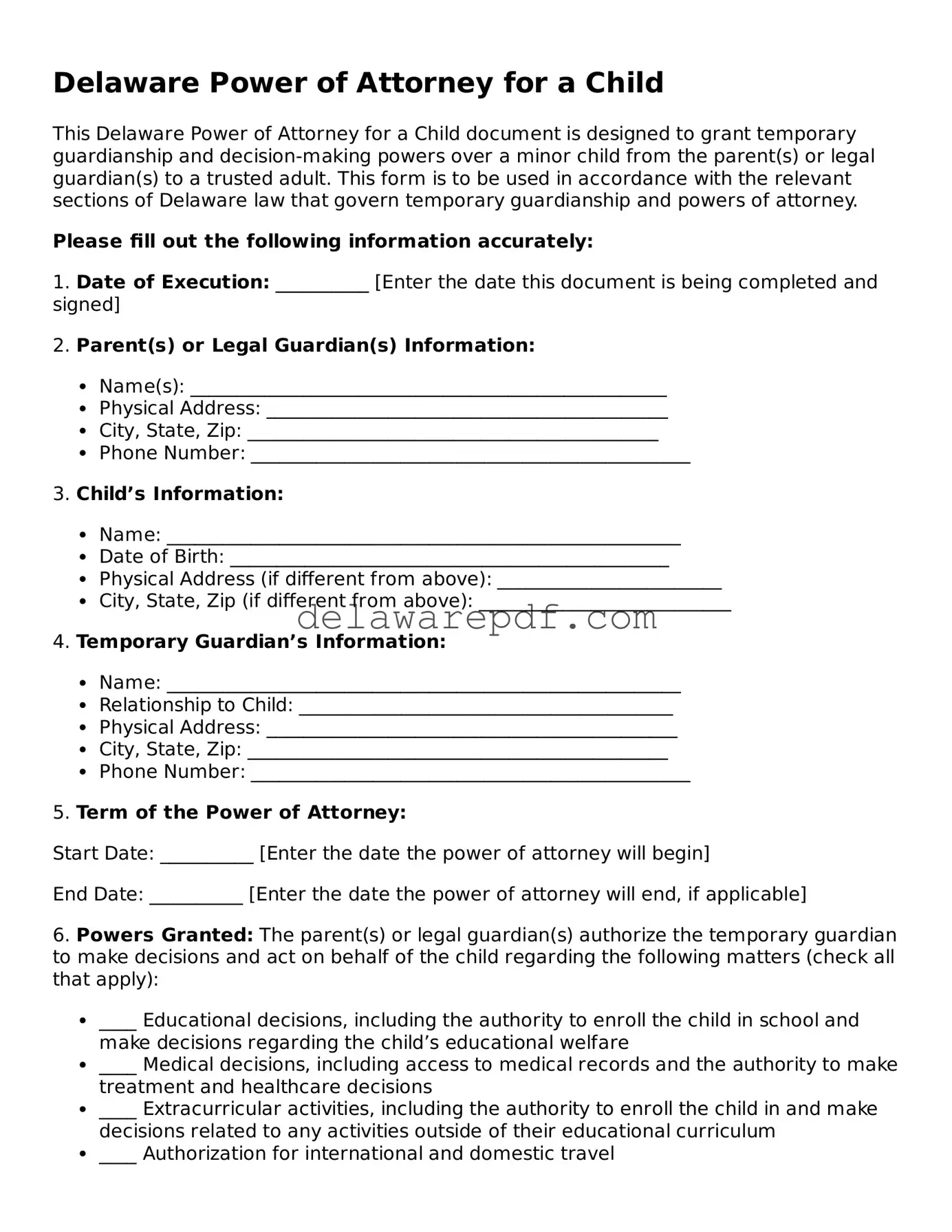 Printable Delaware Power of Attorney for a Child Document