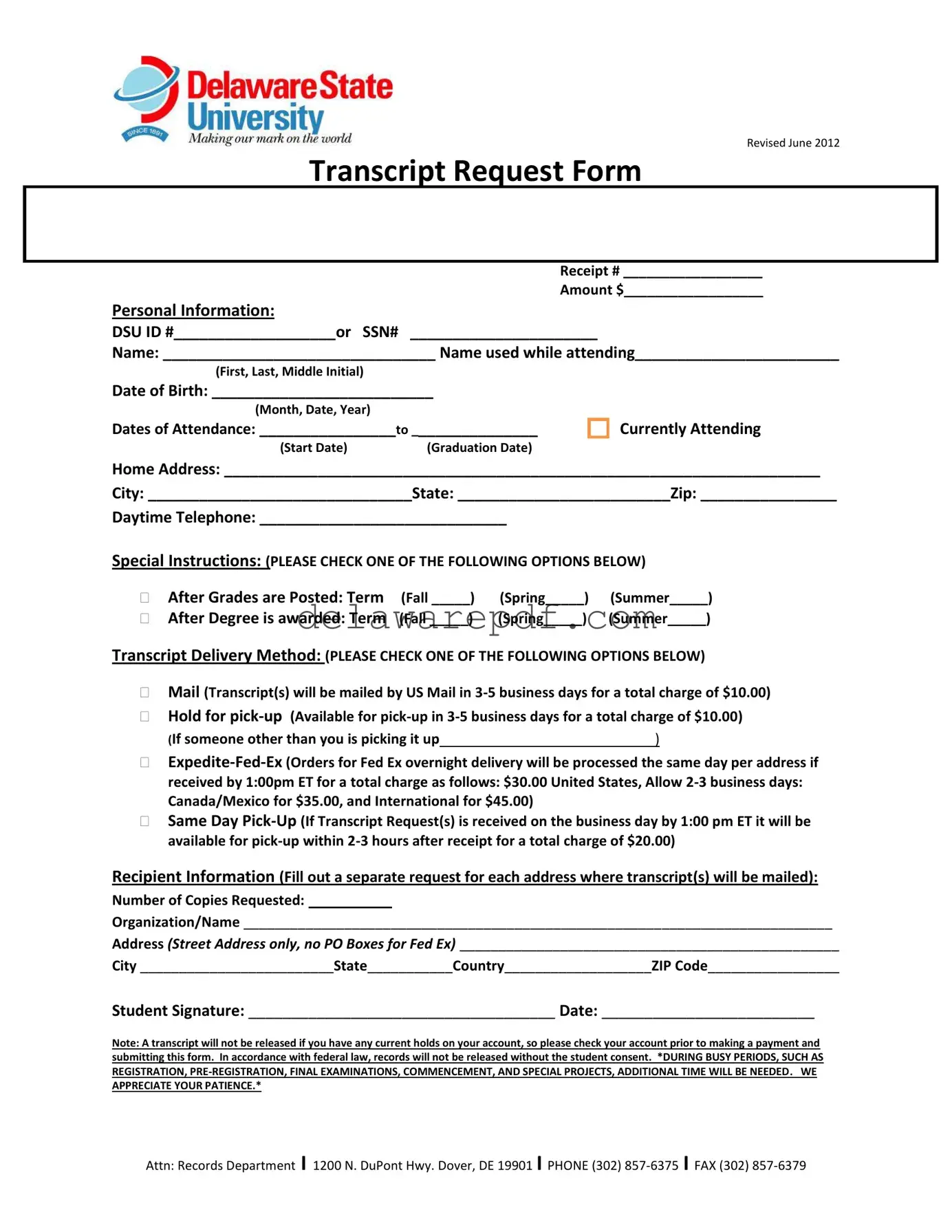 Fill Your Delaware Transcript Request Template