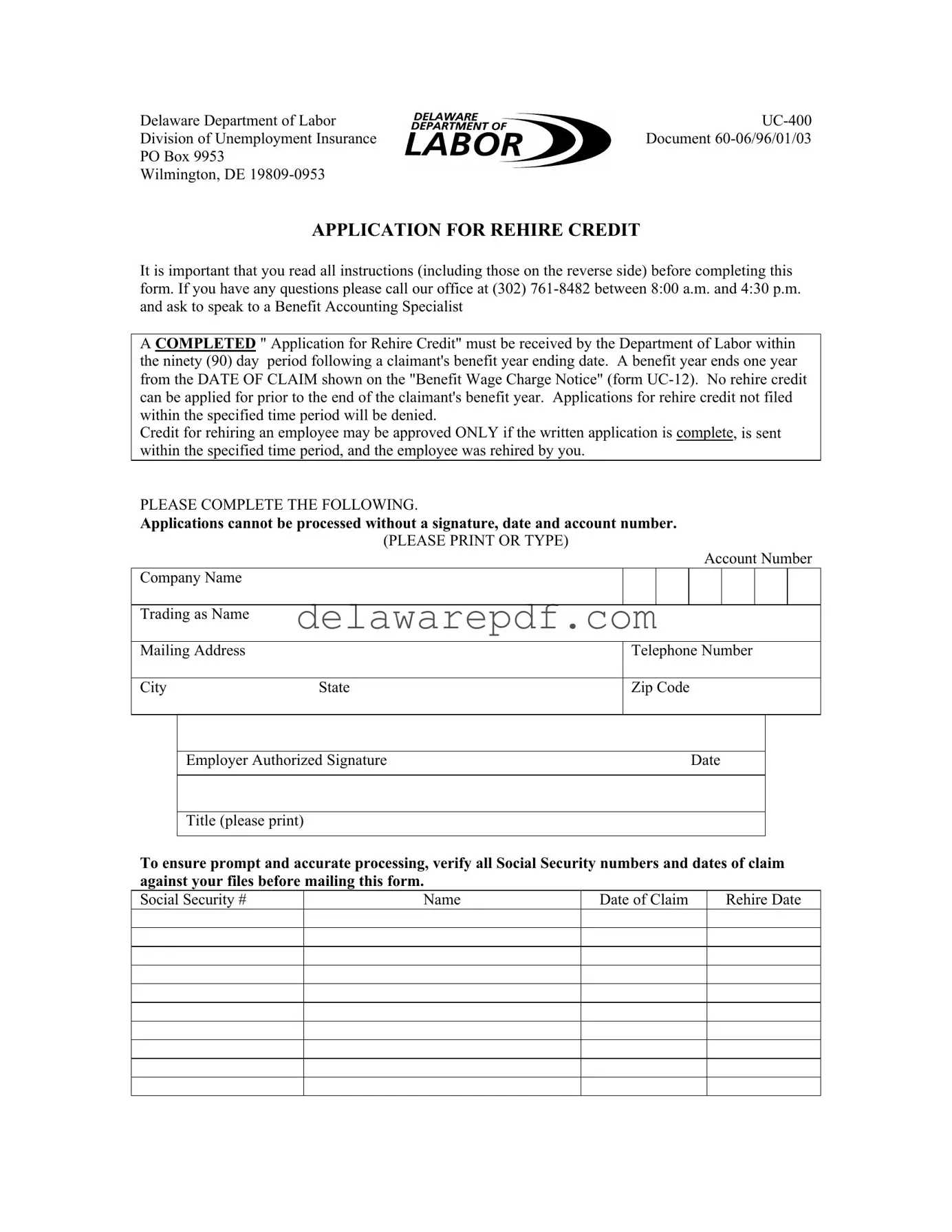 Fill Your Delaware Uc 400 Template