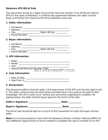 Printable Delaware ATV Bill of Sale Document