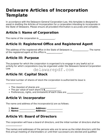 Printable Delaware Articles of Incorporation Document