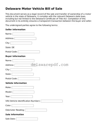 Printable Delaware Motor Vehicle Bill of Sale Document
