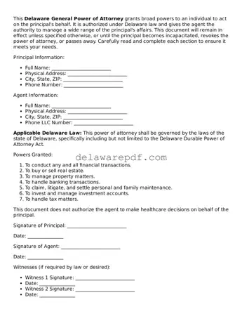 Printable Delaware General Power of Attorney Document
