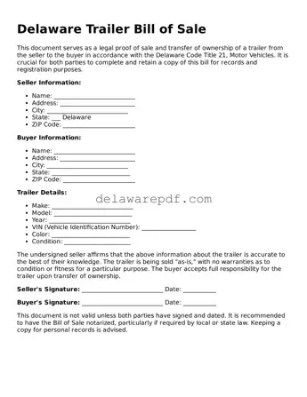 Printable Delaware Trailer Bill of Sale Document