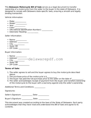 Printable Delaware Motorcycle Bill of Sale Document