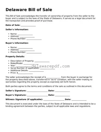 Printable Delaware Bill of Sale Document