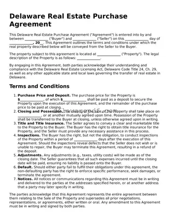 Printable Delaware Real Estate Purchase Agreement Document