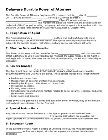 Printable Delaware Durable Power of Attorney Document