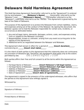 Printable Delaware Hold Harmless Agreement Document