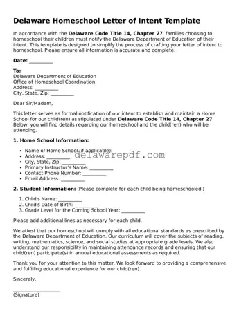 Printable Delaware Homeschool Letter of Intent Document