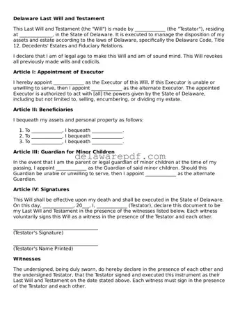 Printable Delaware Last Will and Testament Document
