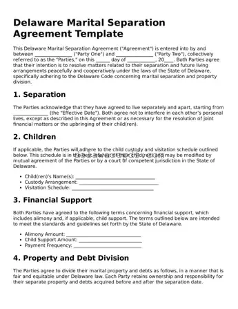 Printable Delaware Marital Separation Agreement Document