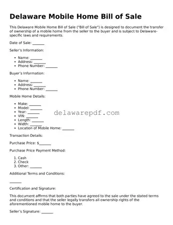 Printable Delaware Mobile Home Bill of Sale Document