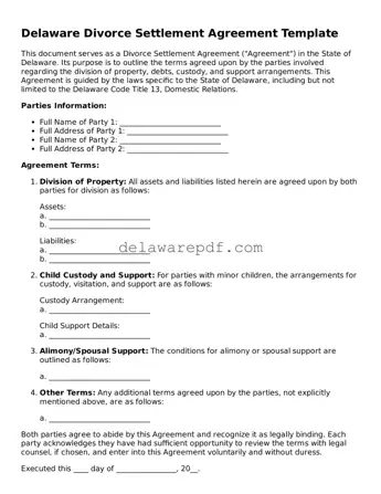 Printable Delaware Divorce Settlement Agreement Document
