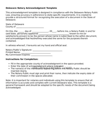 Printable Delaware Notary Acknowledgement Document