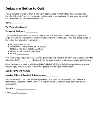 Printable Delaware Notice to Quit Document