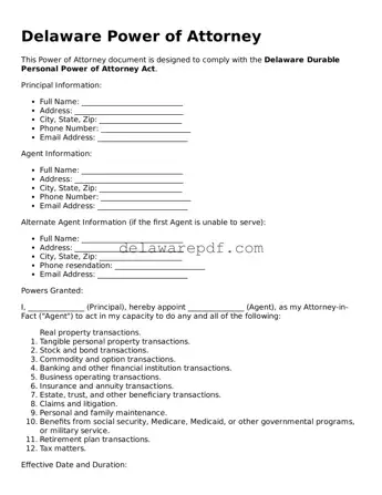 Printable Delaware Power of Attorney Document
