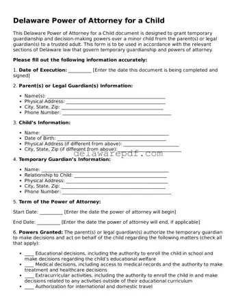 Printable Delaware Power of Attorney for a Child Document