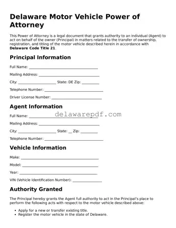 Printable Delaware Motor Vehicle Power of Attorney Document