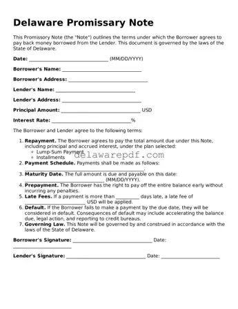 Printable Delaware Promissory Note Document