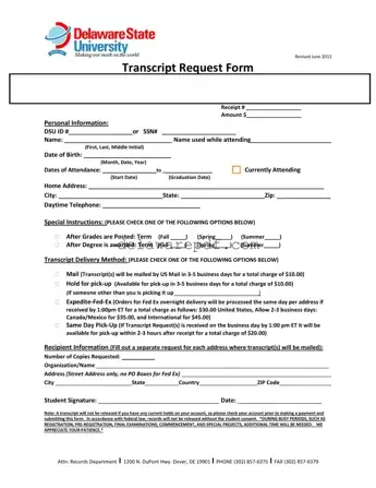 Fill Your Delaware Transcript Request Template